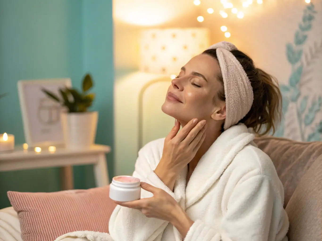 An image showcasing a person applying anti-aging cream to their face, highlighting the product's smooth texture and ease of application. The background is a serene spa setting, emphasizing relaxation and self-care.