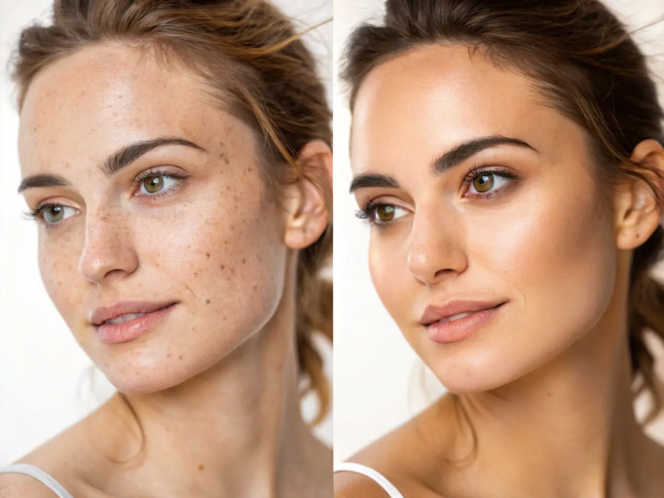 A split image showing the before-and-after effects of using anti-aging products, with a clear reduction in age spots and improved skin tone. The lighting is consistent in both images to accurately represent the changes.